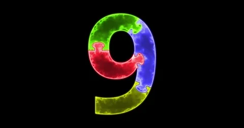 Beautiful luminous number 9 made from connected puzzle pieces with alpha channel Stock Footage 120314979