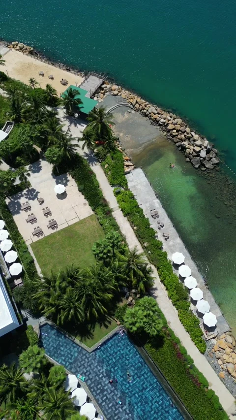 Beautiful Luxury Resort Pool, Beach, Hammocks, Mountains Sea Stock Footage 303635546