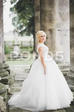 Beautiful luxury young bride in wedding dress posing in park Stock Photos