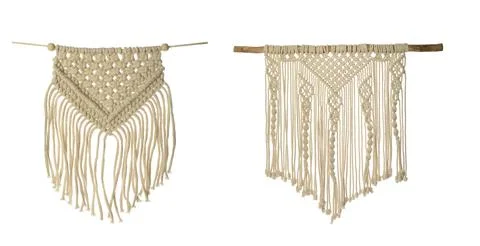 Beautiful macrame on white background, collage. Decorative elements Stock Photos