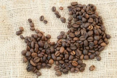 Beautiful macro background of coffee with jute Stock Photos