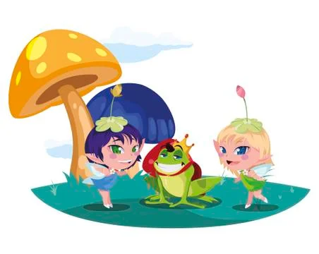 Beautiful magic fairies with toad prince in the garden Illustrazione stock