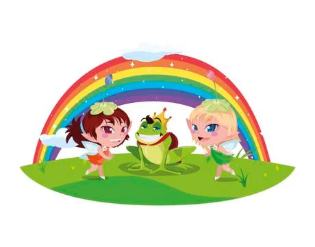 Beautiful magic fairies with toad prince and rainbow scene Stock Illustration