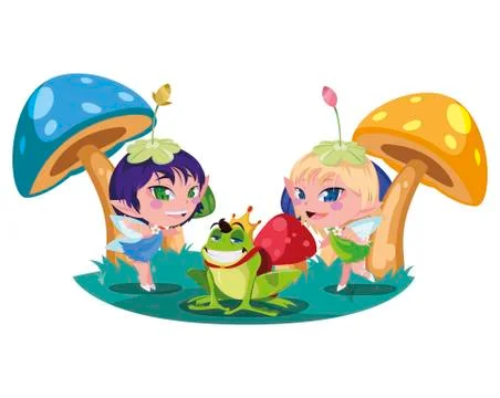 Beautiful magic fairies with toad prince in the garden Illustrazione stock