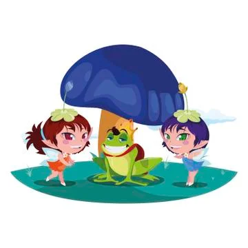 Beautiful magic fairies with toad prince in the garden Stock Illustration