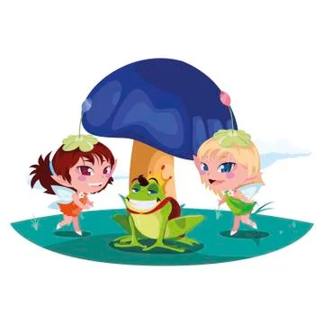 Beautiful magic fairies with toad prince in the garden Illustrazione stock