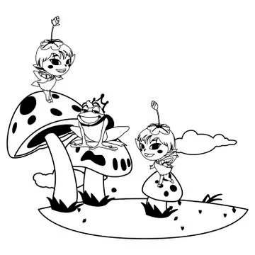 Beautiful magic fairies with toad prince in the garden Illustrazione stock