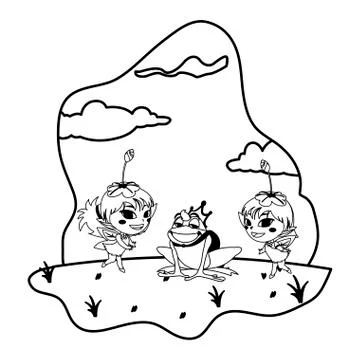 Beautiful magic fairies with toad prince in the garden Stock Illustration