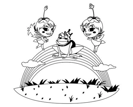 Beautiful magic fairies with toad prince and rainbow scene Stock Illustration