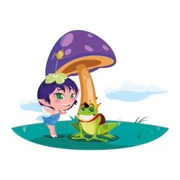 Beautiful magic fairy with toad prince in the garden Stock Illustration