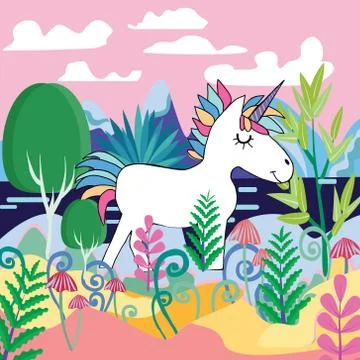 Beautiful magic forest scene with Cute Magical Unicorn Stock Illustration