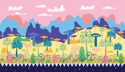 A beautiful magic forest scene illustration, fantasy forest template with tre Stock Illustration