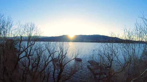 Beautiful magic hour light. aerial view. flying. lake view Stock Footage 35252605