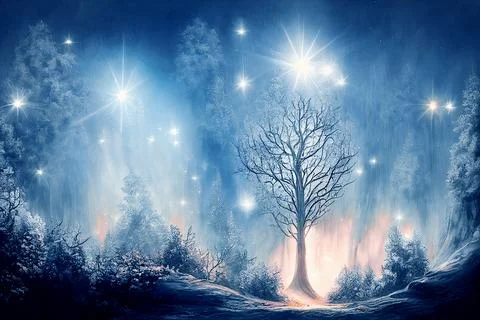 Beautiful magic night forest. Digital art. Stock Illustration