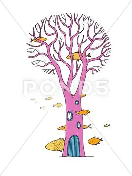 Beautiful magic tree and sea fish Stock Illustration