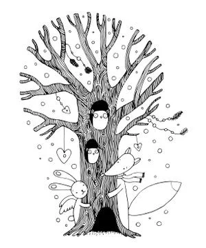 Beautiful magic tree, fox, hare angel and owl. Stock Illustration