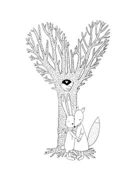 Beautiful magic tree, two birds in a hollow, hare and fox Stock Illustration