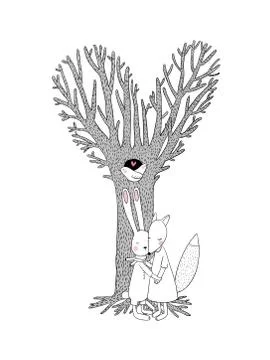 Beautiful magic tree, two birds in a hollow, hare and fox Stock Illustration