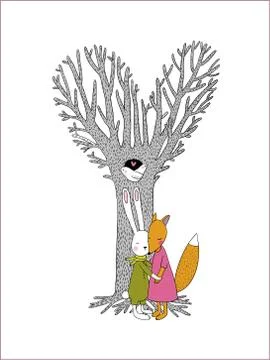 Beautiful magic tree, two birds in a hollow, hare and fox Stock Illustration