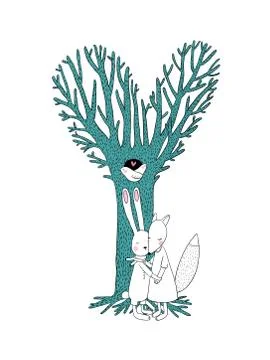 Beautiful magic tree, two birds in a hollow, hare and fox Stock Illustration