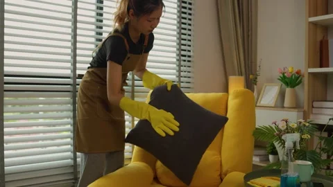 A beautiful maid is getting ready to clean the house, a maid is getting ready to Stock Footage 296670167