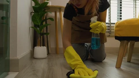 A beautiful maid is getting ready to clean the house, a maid is getting ready to Stock Footage 296670179