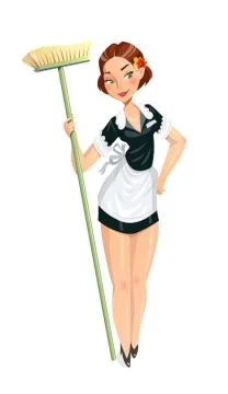 Beautiful maid with mop Stock Illustration