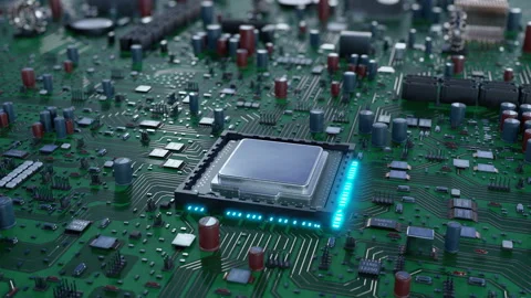 Beautiful Mainboard Creation Process with Drawing Tracks, Glowing Electrons and Stock Footage 113350301