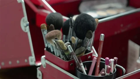 Beautiful make up case with cosmetics and brushes - closeup view Stock Footage 70920289