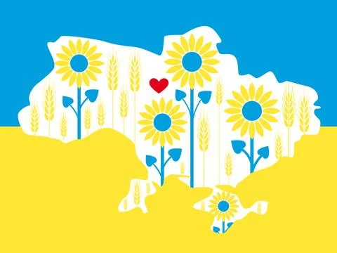 Beautiful map of Ukraine with wheat and sunflowers in the colors of the nat.. Stock Illustration