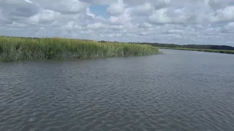 Beautiful Marsh from Boat while Moving with a Blue Cloudy Sky Stockbeeldmateriaal 207818061