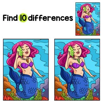 Beautiful Mermaid Find The Differences Stock Illustration