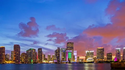 Beautiful Miami skyline at sunset, time lapse, hdr Stock Footage