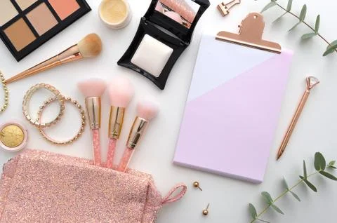 Beautiful mockup flat lay design for blogging workplace background. Cosmetics Stock Photos