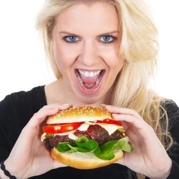 Beautiful model with Burger Stock Photos