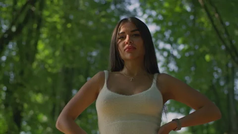  Beautiful model in the middle plan in summer Stock Footage 156450386