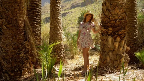 Beautiful Model Posing by the Palm Tree Trunks on a Sunny Day 스톡 동영상 116560662