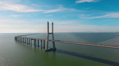 Beautiful modern bridge over the river aerial view Stock Footage 64285239