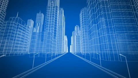 Beautiful Modern City Moving Through the Digital 3d Blueprint Stock Footage