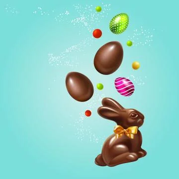 Beautiful modern Composition Easter rabbit, 3D Realistic Easter eggs and sweets Illustrazione stock