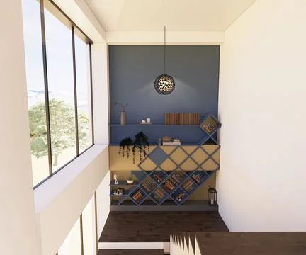 Beautiful modern interior design idea with bookshelves Ilustración de archivo