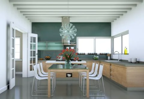 Beautiful modern kitchen with a dinging table and chairs Stock Illustration