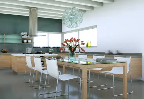 Beautiful modern kitchen with a dinging table and chairs Stock Illustration