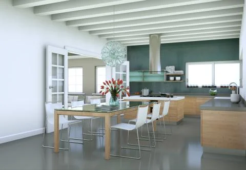 Beautiful modern kitchen with a dinging table and chairs Illustrazione stock