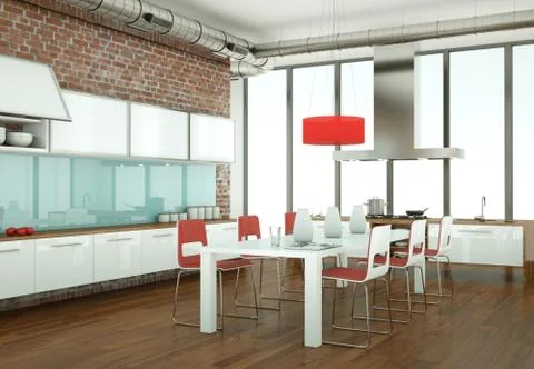 Beautiful modern kitchen with a dinging table and chairs Stock Illustration