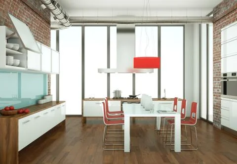 Beautiful modern kitchen with a dinging table and chairs Stock Illustration