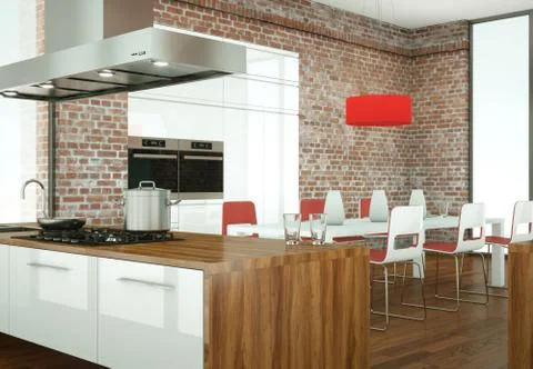 Beautiful modern kitchen with a dinging table and chairs Stock Illustration