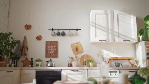 Beautiful modern kitchen. Home interior in the early morning Stock Footage 150556233