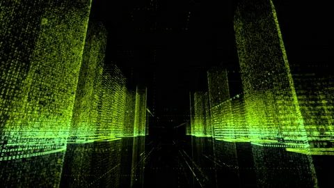 Beautiful modern model of abstract digital city in dark green color and camera Stock Footage 141736630
