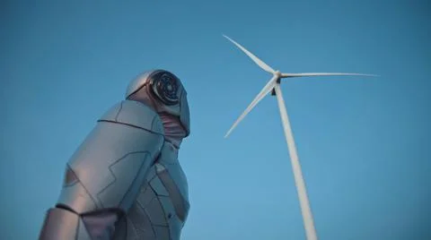Beautiful modern robot engineer on windmill farm checking the process looking Stock Photos
